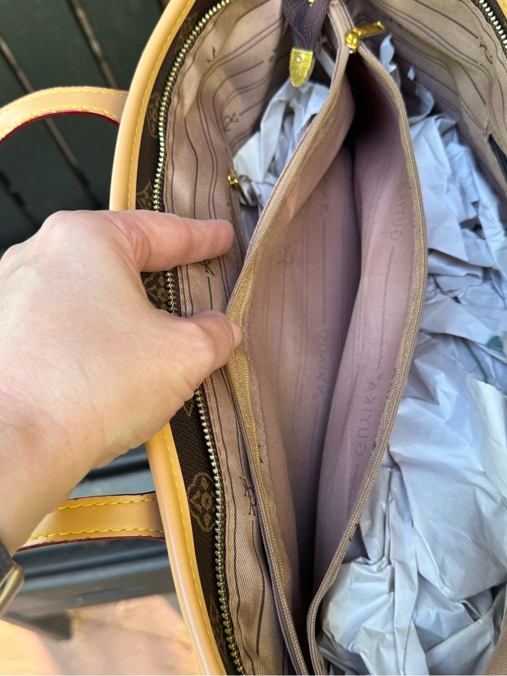 Guyika Brown Monogram Tote with Tan Trim - Picture 12 of 16